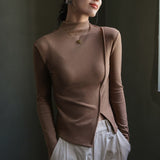 FashionKova Chic Elegant Women'S Long Sleeve Top Solid Turtleneck Open Side Autumn T-Shirts For Women All Match Basic Bottoming Shirt