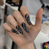 Fashionkova 24pc Halloween false nails Long Almond Fake Nails Sharp Nail French Ballerina Diamond Press on Nails Artificial Nail Enhancement