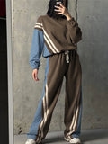 Fashionkova Contrast Striped Women Pullover Set Wide Leg Elastic Waist Pants Suits 2024 Autumn O-neck Denim Patchwork Top Trousers Outfits