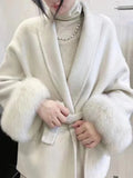 Fashionkova UCXQ Elegant OL Office Lady Overcoats Fur Patchwork Long Sleeve Woolen Coat Beautiful Women's Clothing Jacket Autumn 2024 Spring