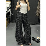 Fashionkova Vintage High Waist Women Black Jeans Printing Fashion Streetwear Wide Leg Jean Female Denim Trouser Straight Baggy Denim Pants