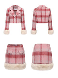 Fashionkova Korean style Sweet Short Plaid Blazer Suit Two Piece Set Summer Women Woollen Casual Chic Cute High Waist Skirt Suits