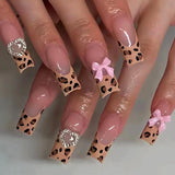 Fashionkova Luxury Ladies Super Long Square French Leopard Print Pink Bow Heart Decoration Full Coverage Wearable Fake Nail 24Pcs/Set