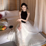Standing Collar Sleeveless Temperament Dress For Women's Summer Black And White Color Contrast Splicing High-End Long Skirt