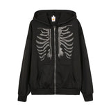 Fashionkova Christmas outfit Y2K Rhinestone Skeleton Hoodies Women Gothic Black Zip Up Oversized Sweatshirts Female Retro Harajuku Hooded Jacket Streetwear