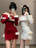 Fashionkova Christmas outfit Christmas New Years Bodycon Knitted Mini Dress Women Casual Long Sleeve Sweet Elegant Even Party One Piece Dress Korean Fur