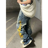 Retro High Waist Oversized Blue Jeans Women Casual Baggy Wide Leg Pocket Y2K Pants American Grunge Street Solid Denim Trouser