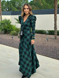 Fashionkova Christmas Gift Outfit  Vintage Green Plaid Long Sleeves V Neck Puff Maxi Dress Fashion High Waist Lady Dresses New 2025 Spring Commuter Street Vestidos