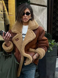 Fashionkova Christmas gift Christmas outfit Vintage Khaki Faux Leather Warm Thick Fluffy Coats Fashion Long Sleeve Big Lapel Single Button Outerwear 2024 Winter Lady Jacket