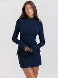 Fashionkova Mozision Dark Blue Two Pocket Sexy Mini Dress For Women 2023 Autumn Winter New Long Sleeve Bodycon Club Party Dress Elegant