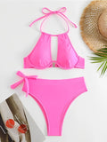 Fashionkova Christmas Gift 2024 Cut-out Push Up Bikini Solid Halter Swimsuit Women High Waist Swimwear Female Bathers Bathing Swimming Swim Suit Beachwear