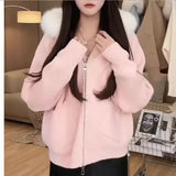 Fashionkova Christmas Gift outfit Gagaok Hooded Fur Collar Knitted Cardigan Coat 2024 Autumn Winter Clothes Zipper Sweater Coat Gentle Pocket Slim Jackets