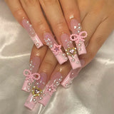 Fashionkova 24Pcs Long Coffin False Nails with Star Rhinestones Black Y2K Nail Art French Gradient Full Cover Press on Nail Tips for Girls
