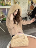 Fashionkova Christmas Gift outfit Gagaok Hooded Fur Collar Knitted Cardigan Coat 2024 Autumn Winter Clothes Zipper Sweater Coat Gentle Pocket Slim Jackets