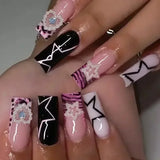 Fashionkova 24Pcs Long Coffin False Nails with Star Rhinestones Black Y2K Nail Art French Gradient Full Cover Press on Nail Tips for Girls