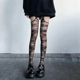 Fashionkova Lolita Gothic Girls Hollow Out Fishnet Stockings Women Fashion Halloween Black Tights Garter Over Knee Socks Sheer Pantyhose