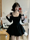 Winter French Elegant One Piece Dress Women Black Patchwork Vintage Party Mini Dress Female Korean Style Sweet Chic Dress 2023