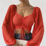 Fashionkova ALLUKASA Sexy Mesh Lantern Sleeves Drawstring Wrap Chest Bare Midriff T Shirt Women Long Sleeves Bottoming