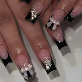 Fashionkova 24Pcs Long Coffin False Nails with Star Rhinestones Black Y2K Nail Art French Gradient Full Cover Press on Nail Tips for Girls