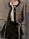 Fashionkova Elegant Cropped Jacket Women French Vintage Single Breasted Long Sleeve O-neck Top Autumn Y2k All-match Houndstooth Coats New