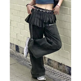 Fashionkova Korean Vintage Fashion High Waist High Street Style Green Straight Jeans Women's Pants Wide Leg Baggy Y2K Female Denim Trouser