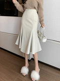 Fashionkova High Waist Mermaid Skirts Women New Arrival 2023 Autumn Korean Style Vintage PU Leather Office Lady Elegant Long Skirt W1363