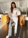Fashionkova Christmas Gift outfit  Big Peter Pan Collar Ruffle Womens Blouse Heart Print Long Sleeve Cotton Shirts Tops Female Spring Summer Frill Shirt
