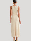 Fashionkova JULISSA MO Knit Sexy High Slit Button Women Maxi Dress Apricot Sleeveless Round Neck Dress Summer Skinny Elegant Party Beachwear