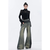 Fashionkova Blue Jeans for Women High Quality High Waist American Wide Leg Pants Y2K Vintage Fashion Straight Spliced Spring Bagge Trousers