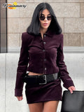 Fashionkova Christmas gift Christmas outfit Fashion  Burgundy 2pcs Lapel Long Sleeve Single Breasted Top Short Pant Suit Elegant Solid Shoulder Pad Sets Lady Slim Fall Suit