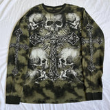 Fashionkova y2k Gothic Grunge Cross Skull Print T-shirt for Women Fall Long Sleeve 90s E Girl Vintage Mall Goth Pullovers Emo Alt Tops