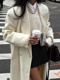 Elegant White Woolen Blend Trench Long Coat Women Chic Double Breasted Warm Full Sleeve Coats New Female High Street Outerwear ﻿