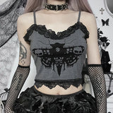 Sexy Lace Patchwork Transparant Back Body Crop Top Women Sleeveless Clubwear Gothic Style Skull Graphic Embroidery Black Camis