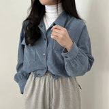 Fashionkova Rimocy Chic Pockets Long Sleeve Cropped Blouse for Women Corduroy Drawstring Short Jacket Woman Korean Wild Solid Color Coats