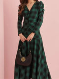 Fashionkova Christmas Gift Outfit  Vintage Green Plaid Long Sleeves V Neck Puff Maxi Dress Fashion High Waist Lady Dresses New 2025 Spring Commuter Street Vestidos