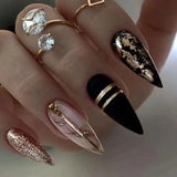 Fashionkova 24pcs French False Nails Almond Head Summer Style Glitter Design Fake Nail Patch Full Cover Wearable Women Press on Nail Tips