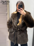 Fashionkova Christmas Gift outfit Luxury Faux Fur Coats Women Vintage Solid Lapel Belt Full Sleeve Pocket Jackets Female 2024 Autumn Winter Thicken Outwear Lady