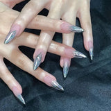 Fashionkova 24pc Metal geometry Irregular almond false nails press on hot girls y2k designs fake nails with 3D red ripple French ballet nail