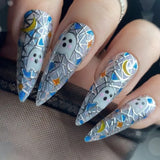 Fashionkova 24pc Halloween false nails Long Almond Fake Nails Sharp Nail French Ballerina Diamond Press on Nails Artificial Nail Enhancement