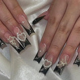 Fashionkova 24Pcs Long Coffin False Nails with Star Rhinestones Black Y2K Nail Art French Gradient Full Cover Press on Nail Tips for Girls