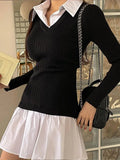 Fashionkova Sweet Lapel Retract Waist Knit Mini Dress Women Chic Long Sleeve Pleats Hem Splicing A-line Dresses Lady New Fashion Short Robes