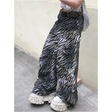 2024 Women's Casual Zebra print Gothic Jeans Vintage Aesthetic Emo Loose Washed Pants Y2K Wide Leg Punk Baggy Denim Trouser