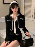 Fashionkova Elegant Vintage 2 Piece Set Black Suit Short Jacket + Sexy Spaghetti Strap Mini Dress Spring Autumn Party Korean Chic Outfits