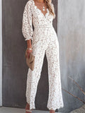 Fashionkova  Elegant Women Lace Wide Leg Pants Jumpsuits Solid Color Long Sleeve High Waist V Neck Floral Rompers Streetwear 2024