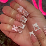 Fashionkova 24Pcs Long Coffin False Nails with Star Rhinestones Black Y2K Nail Art French Gradient Full Cover Press on Nail Tips for Girls