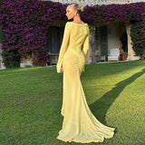 Fashionkova  2024 Spring Solid Color Long Sleeve Mesh See Through Low Cut Sexy Floor Tassel Evening Dress