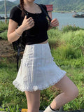 Y2k Coquette Kawaii Lace White Mini Skirt Sweet Girls Party Preppy Style Fairy Japanese Harajuku Cute Short Skirt 2024
