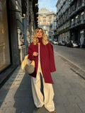 Fashionkova 2024 New Fashion Burgundy Red Woolen Suit Jacket With Scarf Collar Women Chic Oversized Flip Pockets Solid Coats Lady Streetwear