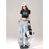 Fashionkova Women Blue Pocket Baggy Cargo Jeans Harajuku Streetwear 90s Y2k Oversize Denim Trousers Vintage 2000s Style Trashy Jean Pants