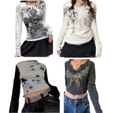 Fashionkova WPNAKS Women Gothic T-shirts Crop Tops Fall Winter y2k Clothes 2024 Fashion Classic Slim Long Sleeve Print Streetwear Tops